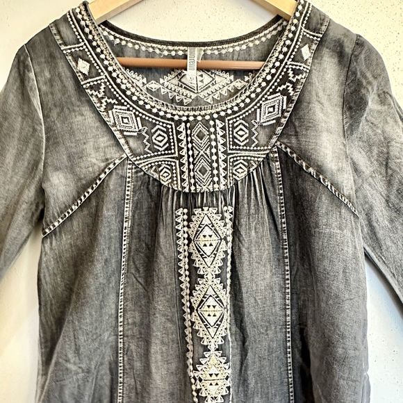 Monoreno Womens Medium Black Chambray Denim‎ Embroidered Lagenlook Dress - Picture 9 of 16